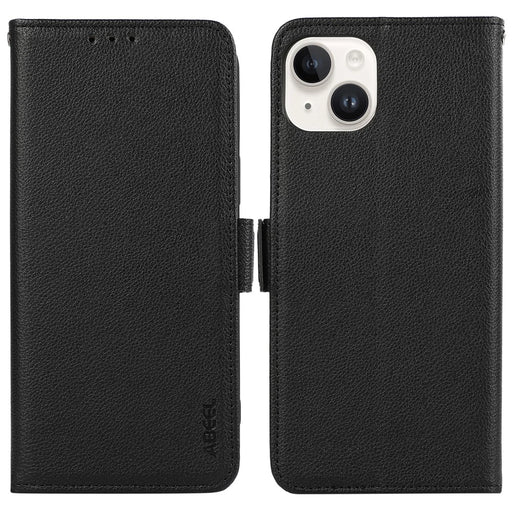 ABEEL For iPhone 15 Plus Leather Case RFID Blocking Wallet Litchi Texture Phone Cover - Black - 1