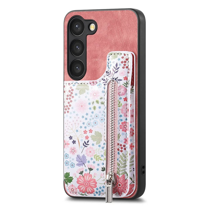 D10 For Samsung Galaxy S23 Kickstand Case Pattern Printed Retro Leather+TPU Phone Cover with Wallet - Pink - 1