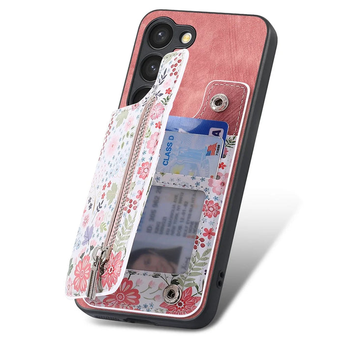 D10 For Samsung Galaxy S23 Kickstand Case Pattern Printed Retro Leather+TPU Phone Cover with Wallet - Pink - 3