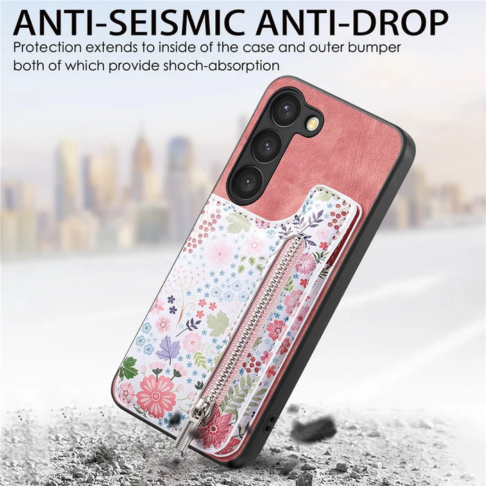 D10 For Samsung Galaxy S23 Kickstand Case Pattern Printed Retro Leather+TPU Phone Cover with Wallet - Pink - 4