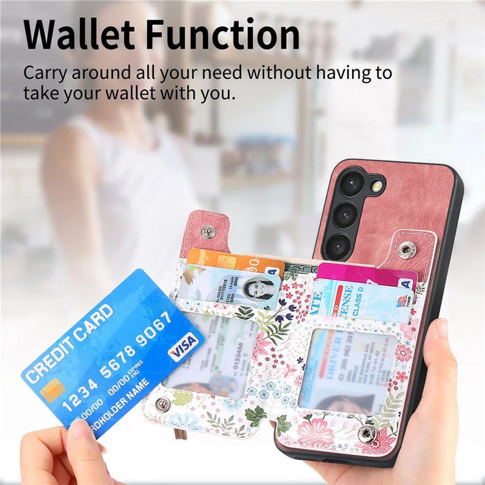 D10 For Samsung Galaxy S23 Kickstand Case Pattern Printed Retro Leather+TPU Phone Cover with Wallet - Pink - 5