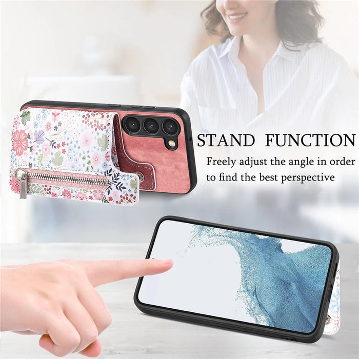 D10 For Samsung Galaxy S23 Kickstand Case Pattern Printed Retro Leather+TPU Phone Cover with Wallet - Pink - 6