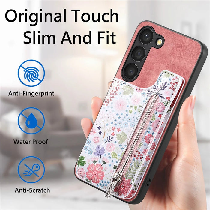 D10 For Samsung Galaxy S23 Kickstand Case Pattern Printed Retro Leather+TPU Phone Cover with Wallet - Pink - 7