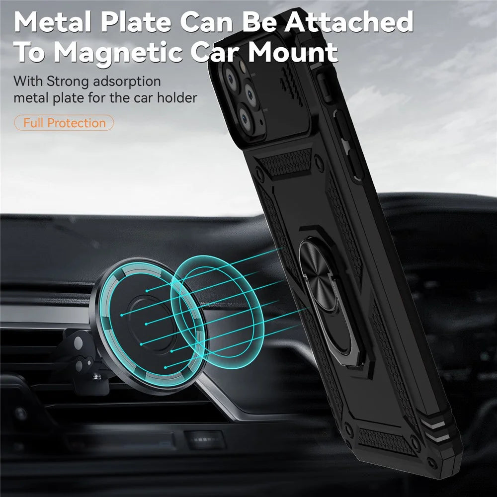 For iPhone 11 Pro Max Case with Camera Slide Protector PC+TPU Kickstand Armour Phone Cover - Black - 6