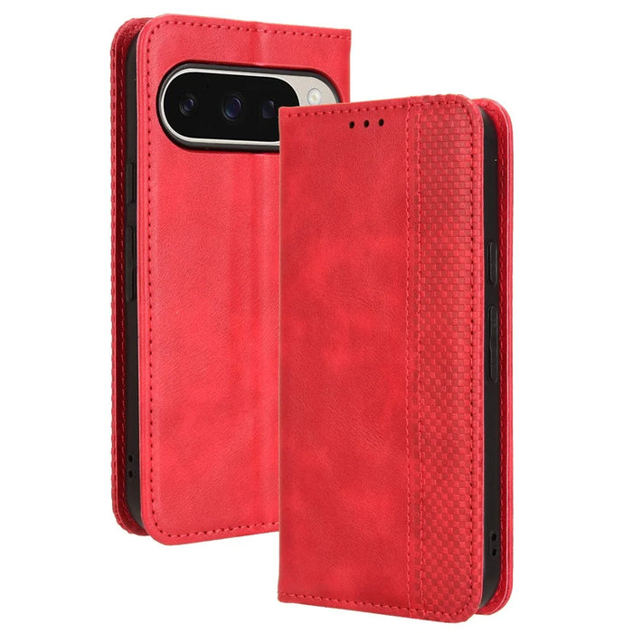 For Google Pixel 9 Pro / Pixel 9 Case Retro PU Leather Wallet Phone Cover Magnetic Auto-Absorbed - Red - 1