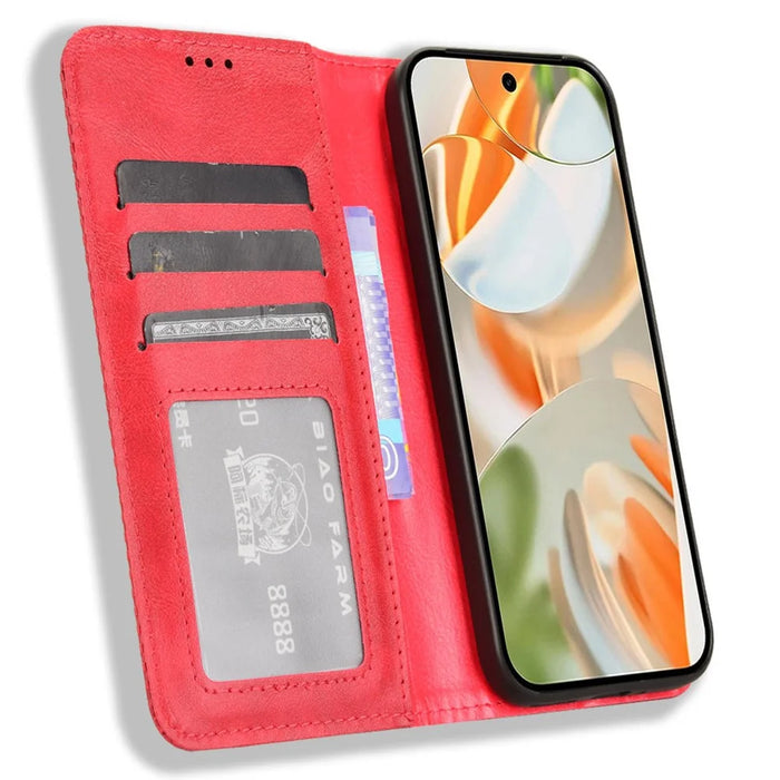 For Google Pixel 9 Pro / Pixel 9 Case Retro PU Leather Wallet Phone Cover Magnetic Auto-Absorbed - Red - 2