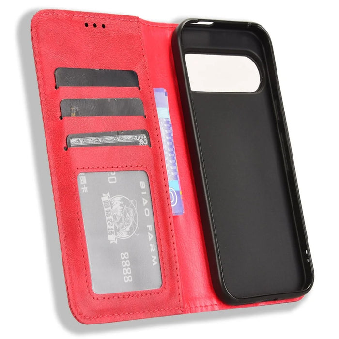 For Google Pixel 9 Pro / Pixel 9 Case Retro PU Leather Wallet Phone Cover Magnetic Auto-Absorbed - Red - 5