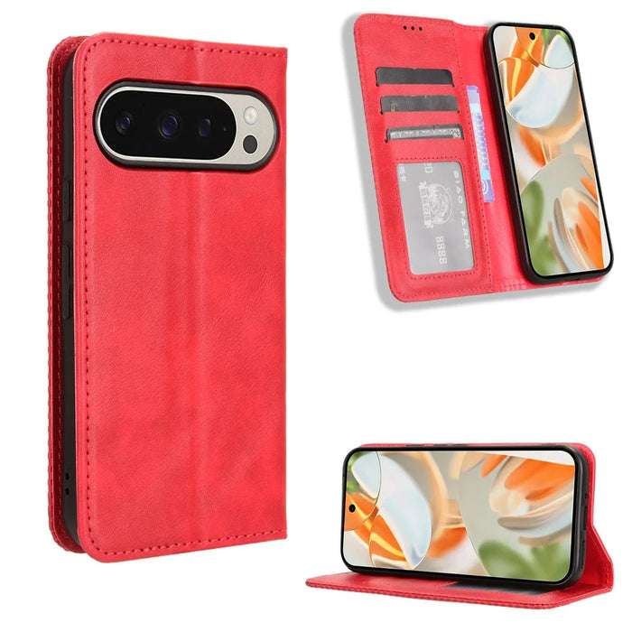 For Google Pixel 9 Pro / Pixel 9 Case Retro PU Leather Wallet Phone Cover Magnetic Auto-Absorbed - Red - 6