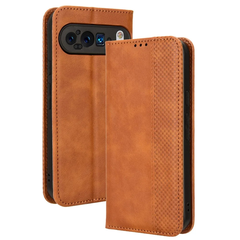 For Google Pixel 9 Pro XL Case Vintage Leather Stand Magnetic Closure Phone Cover - Brown - 1