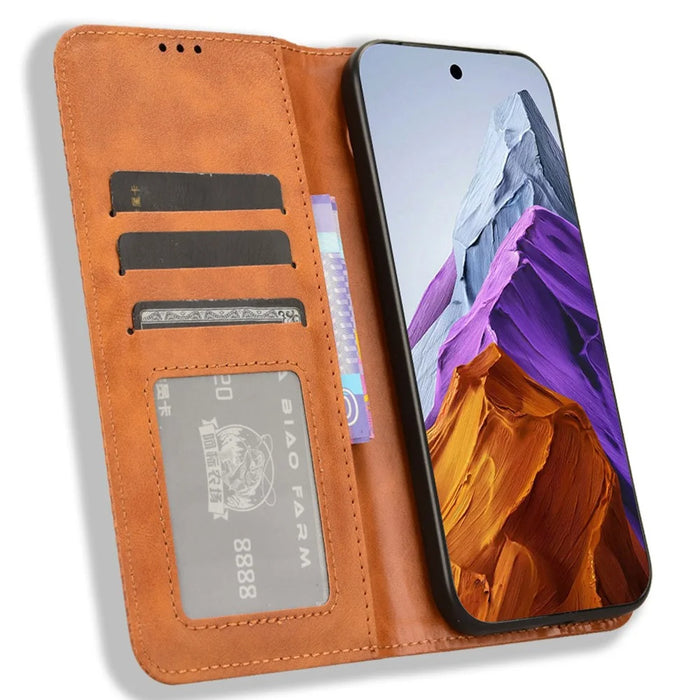 For Google Pixel 9 Pro XL Case Vintage Leather Stand Magnetic Closure Phone Cover - Brown - 2