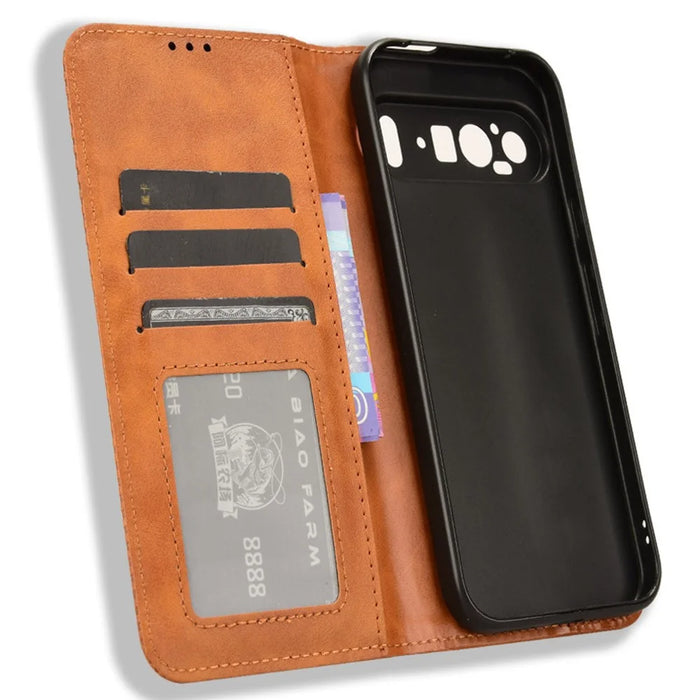 For Google Pixel 9 Pro XL Case Vintage Leather Stand Magnetic Closure Phone Cover - Brown - 5