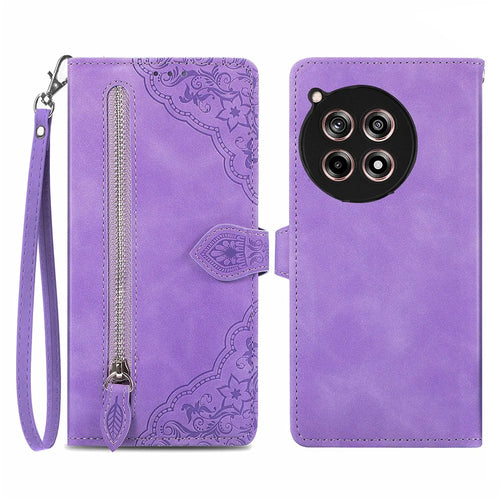 For OnePlus 12R 5G / Ace 3 5G Zipper Wallet Case with Strap Flower Imprint PU Leather Phone Cover - Light Purple - 1
