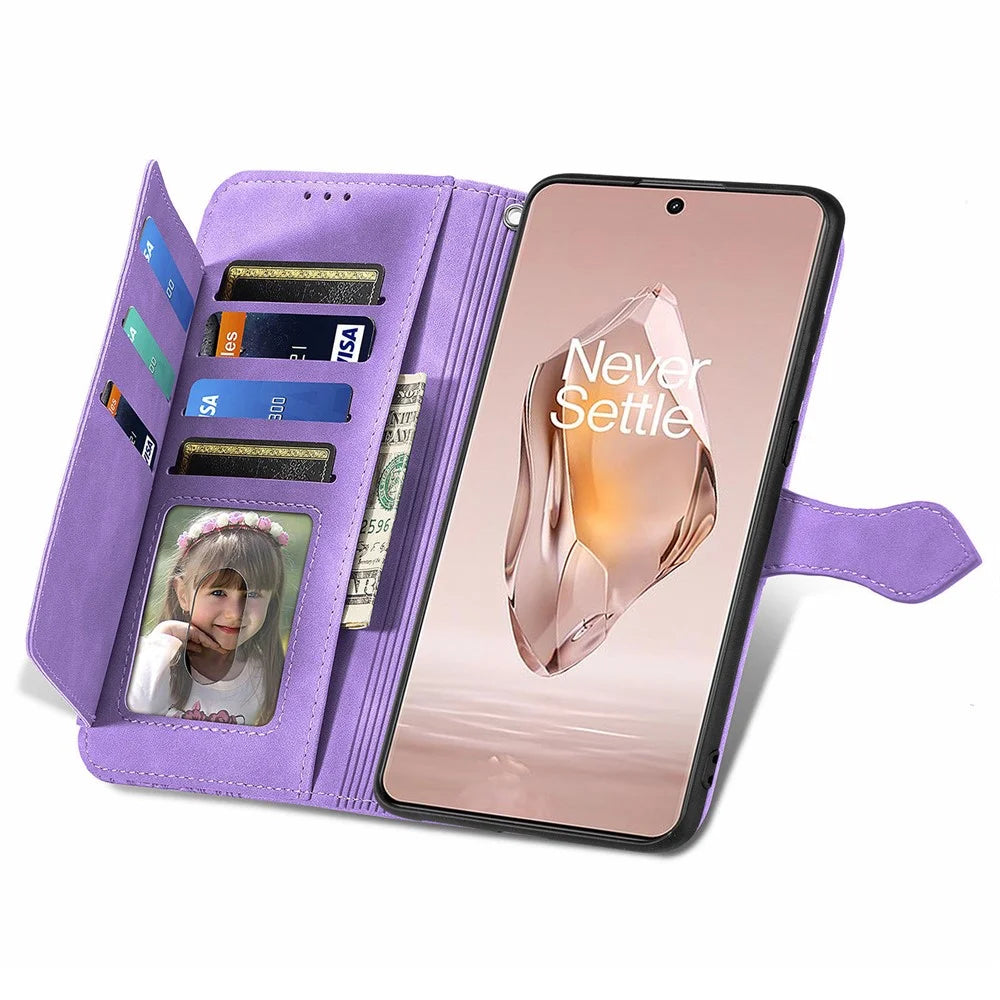 For OnePlus 12R 5G / Ace 3 5G Zipper Wallet Case with Strap Flower Imprint PU Leather Phone Cover - Light Purple - 2
