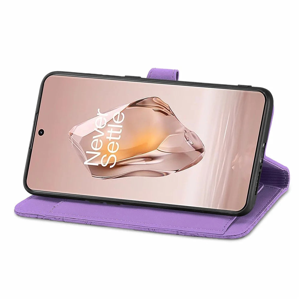 For OnePlus 12R 5G / Ace 3 5G Zipper Wallet Case with Strap Flower Imprint PU Leather Phone Cover - Light Purple - 3