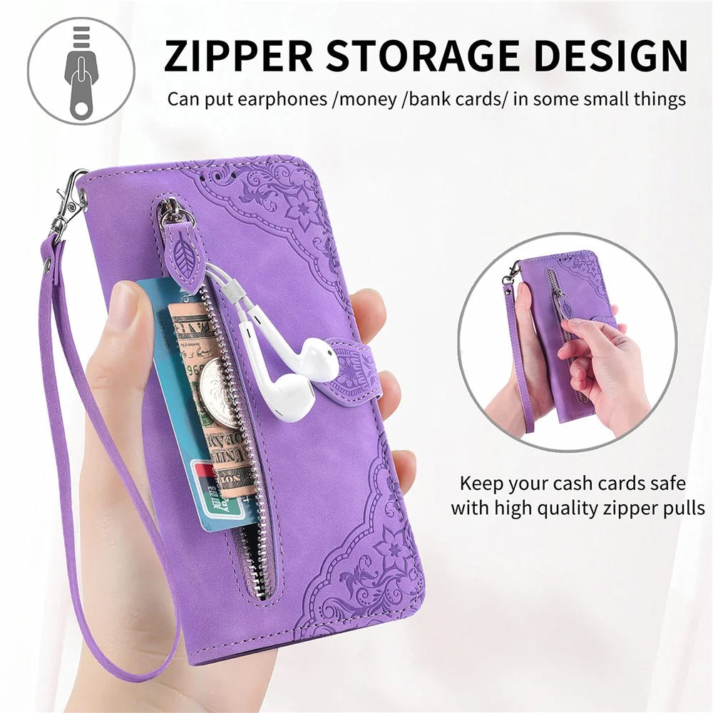 For OnePlus 12R 5G / Ace 3 5G Zipper Wallet Case with Strap Flower Imprint PU Leather Phone Cover - Light Purple - 4
