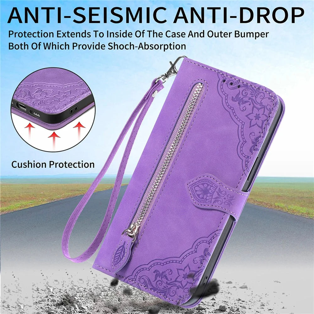 For OnePlus 12R 5G / Ace 3 5G Zipper Wallet Case with Strap Flower Imprint PU Leather Phone Cover - Light Purple - 5