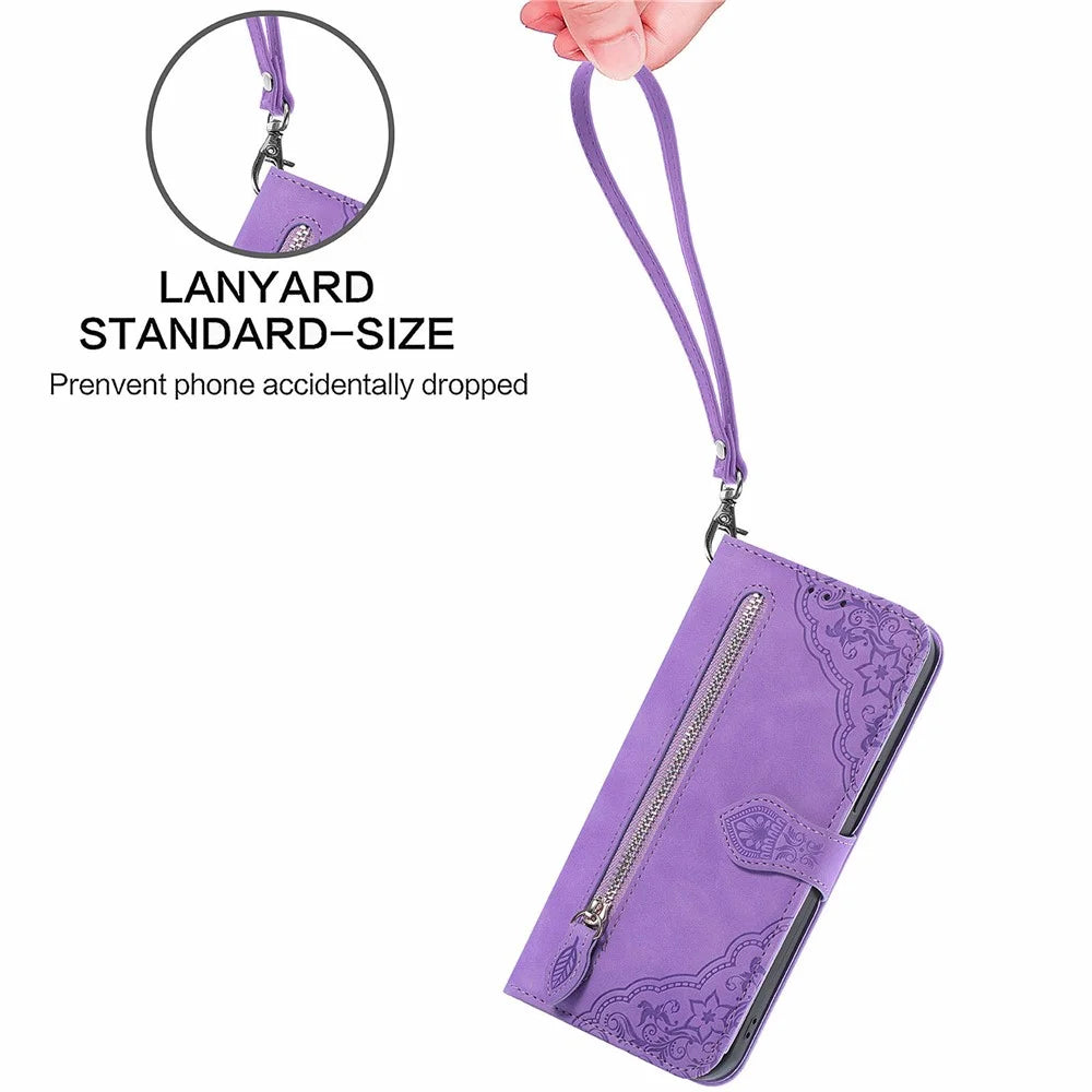 For OnePlus 12R 5G / Ace 3 5G Zipper Wallet Case with Strap Flower Imprint PU Leather Phone Cover - Light Purple - 6