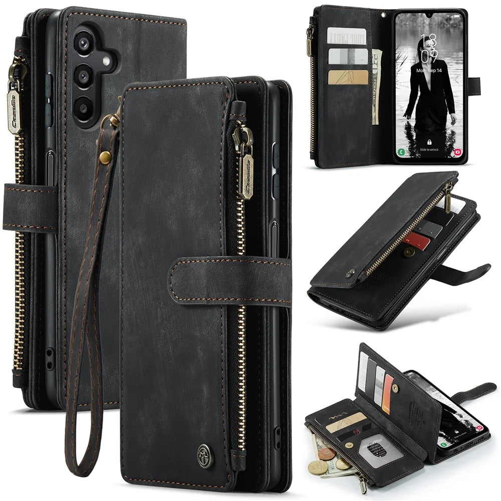 For Samsung Galaxy A15 4G / 5G Phone Cases with Strap CASEME C30 Zipper Multiple Card Holder PU Leather Cover - Black - 1