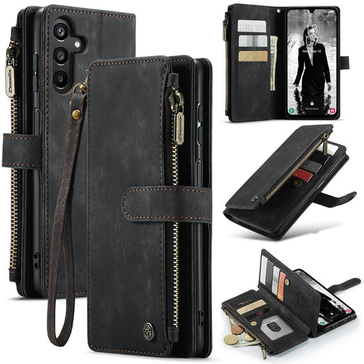 For Samsung Galaxy A15 4G / 5G Phone Cases with Strap CASEME C30 Zipper Multiple Card Holder PU Leather Cover - Black - 1