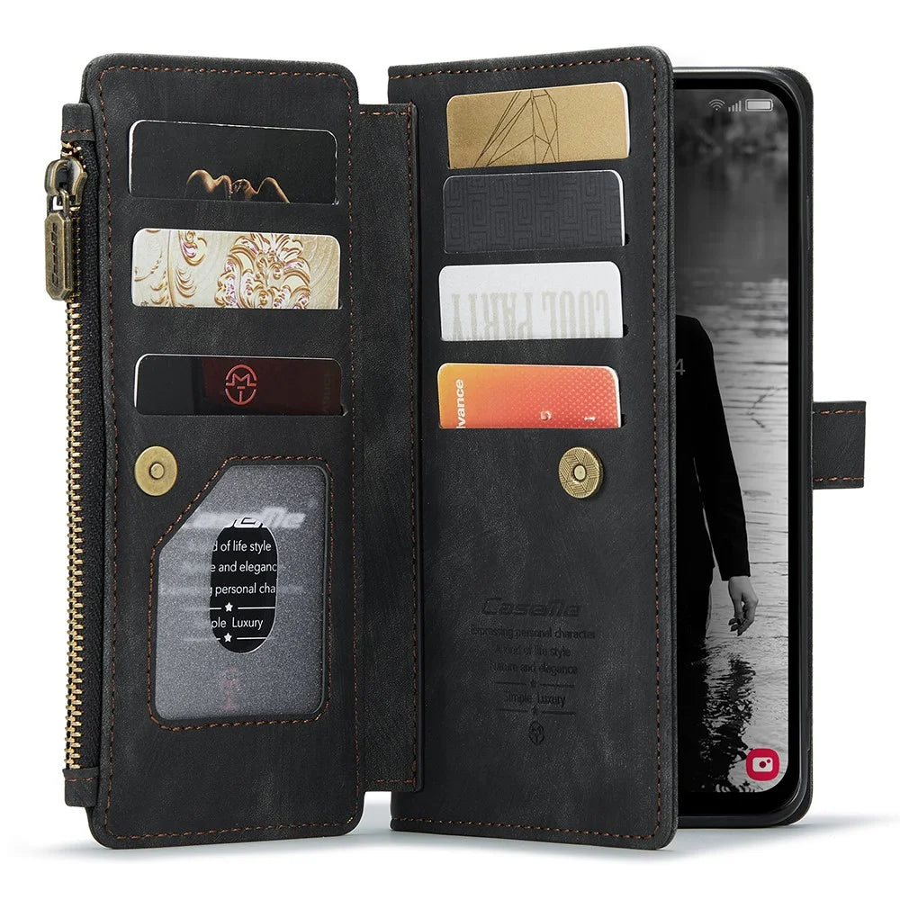For Samsung Galaxy A15 4G / 5G Phone Cases with Strap CASEME C30 Zipper Multiple Card Holder PU Leather Cover - Black - 4