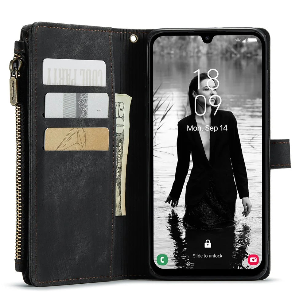 For Samsung Galaxy A15 4G / 5G Phone Cases with Strap CASEME C30 Zipper Multiple Card Holder PU Leather Cover - Black - 5