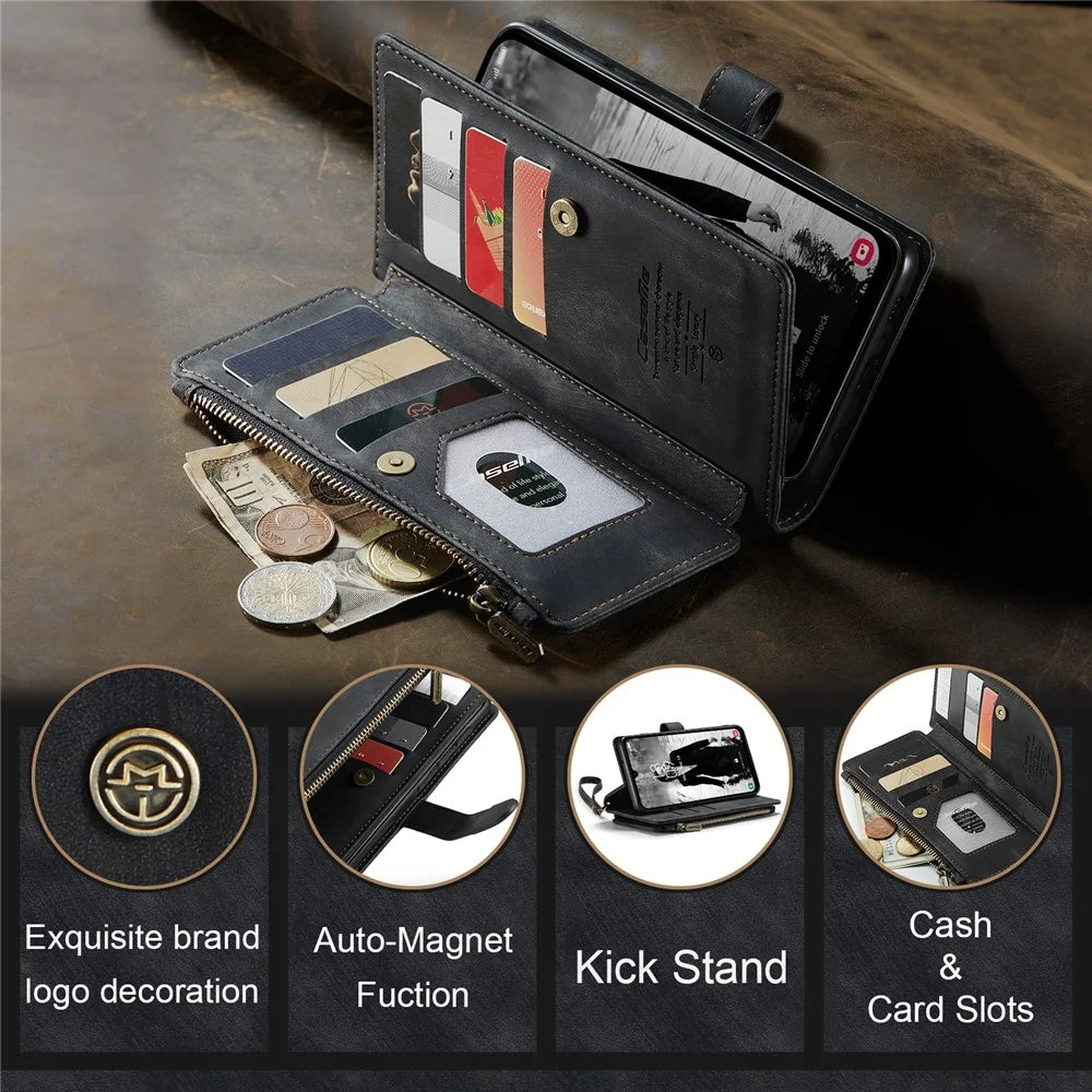 For Samsung Galaxy A15 4G / 5G Phone Cases with Strap CASEME C30 Zipper Multiple Card Holder PU Leather Cover - Black - 7