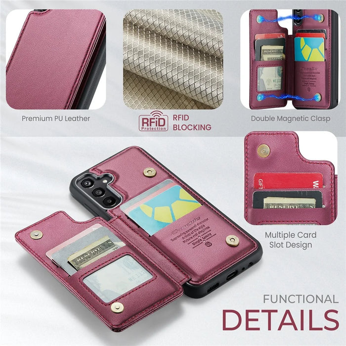 For Samsung Galaxy A15 4G / 5G Phone Case CASEME C22 Leather Back Cover with RFID Blocking Card Slots - Red - 5