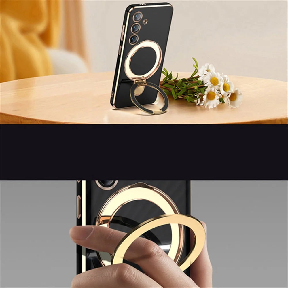 For Samsung Galaxy S24 Magnetic Case Ring Kickstand Soft TPU Phone Cover - Black - 6