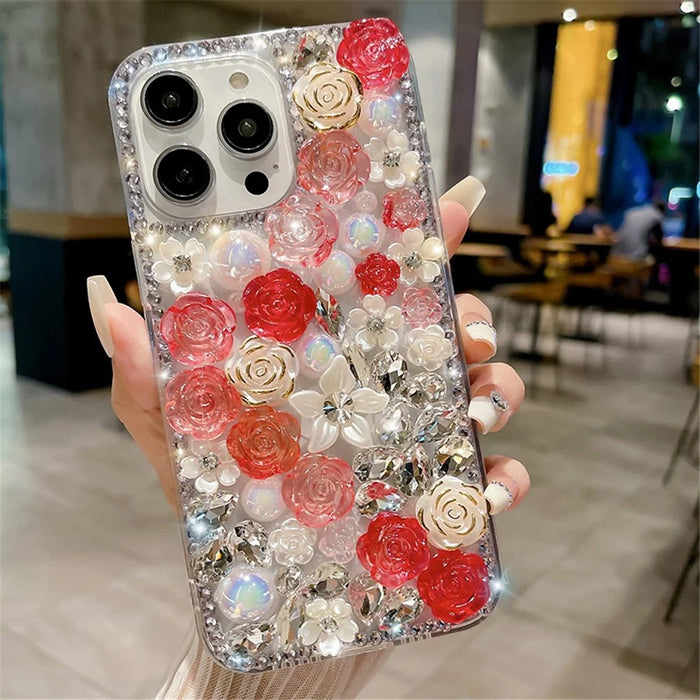 For iPhone 12 / 12 Pro Case Rose Flowers Pearls Rhinestones Decor PC+TPU Phone Cover - Red - 2