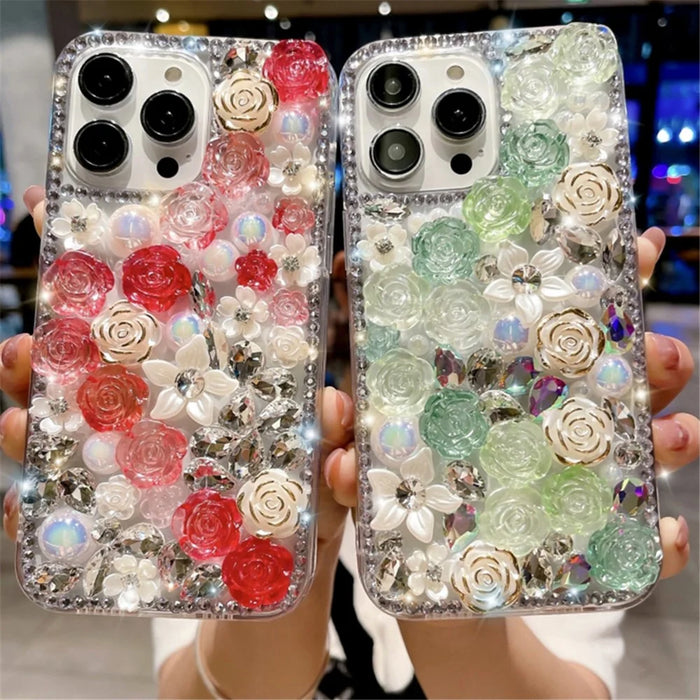 For iPhone 12 / 12 Pro Case Rose Flowers Pearls Rhinestones Decor PC+TPU Phone Cover - Red - 4