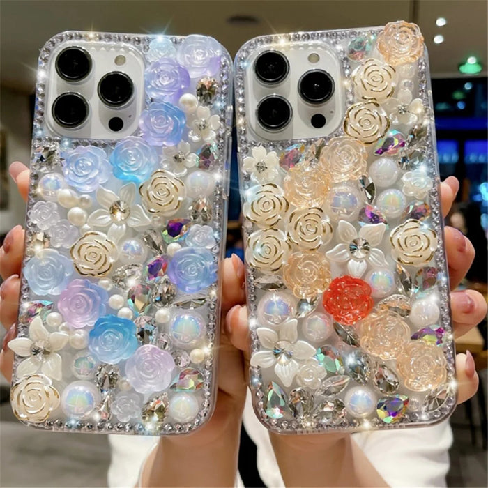 For iPhone 12 / 12 Pro Case Rose Flowers Pearls Rhinestones Decor PC+TPU Phone Cover - Red - 5