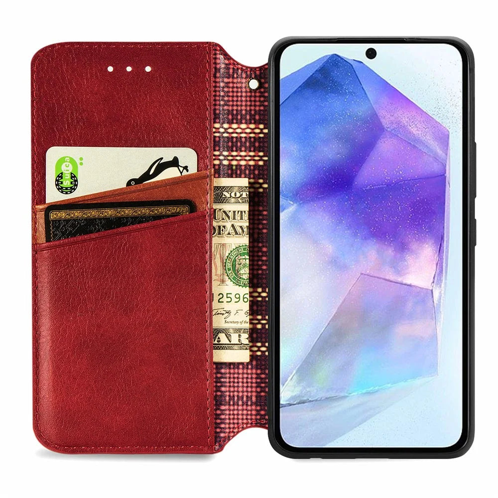 For Samsung Galaxy A55 5G PU Leather Case Rhombus Imprint Wallet Stand Phone Cover - Red - 2