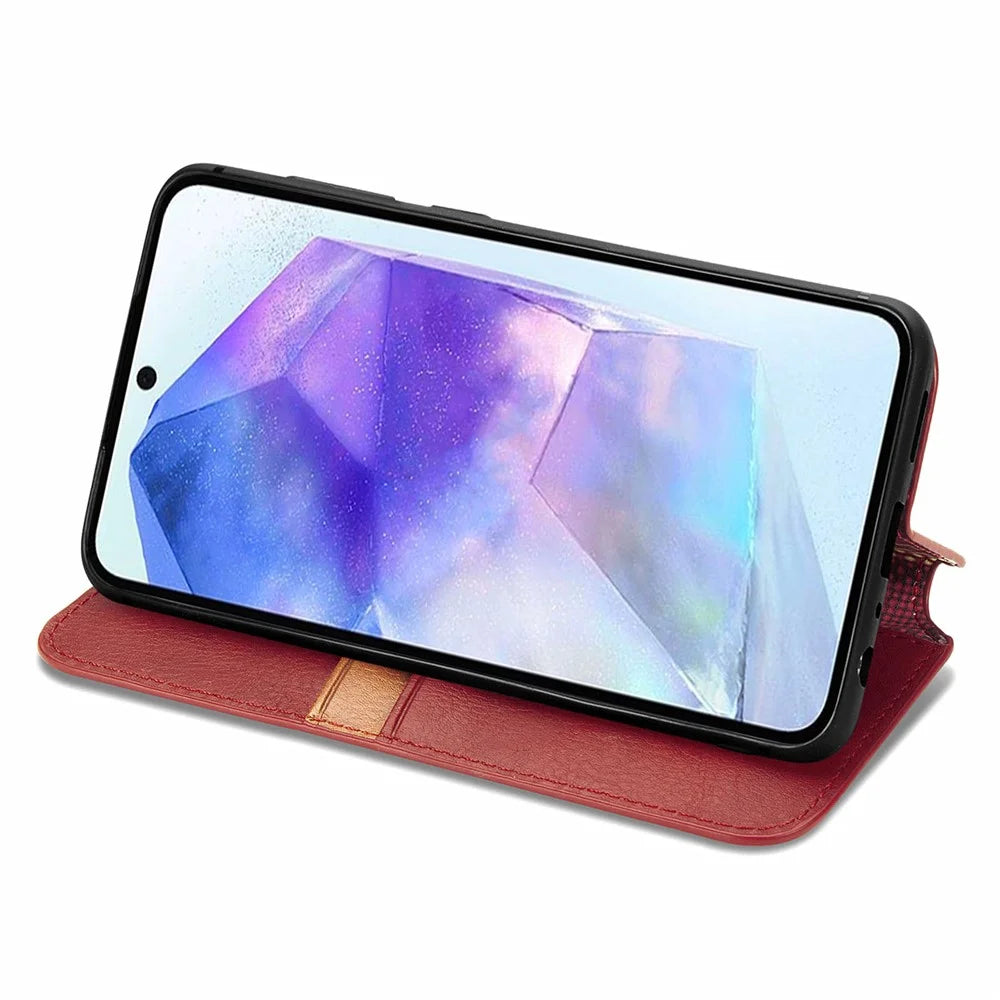 For Samsung Galaxy A55 5G PU Leather Case Rhombus Imprint Wallet Stand Phone Cover - Red - 3