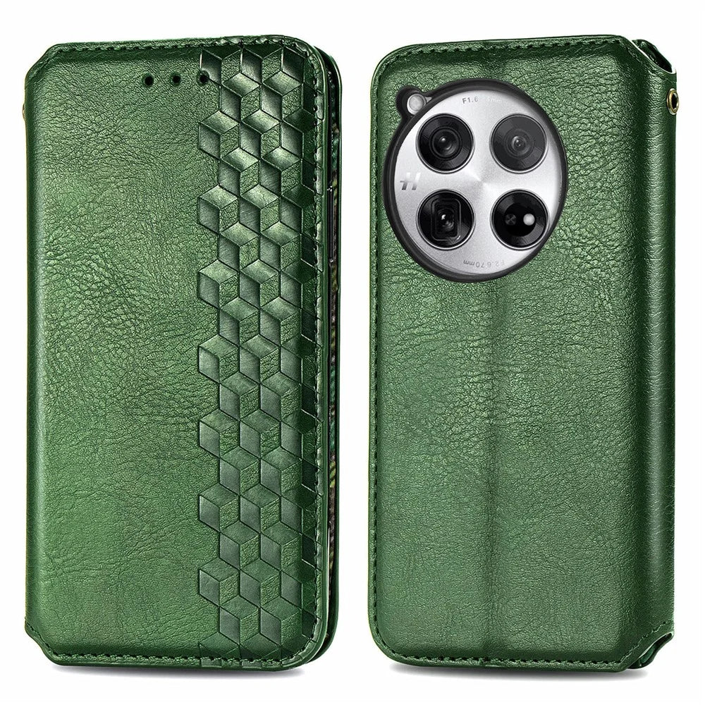 For OnePlus 12 5G PU Leather Case Rhombus Imprint Wallet Stand Phone Cover - Green - 1