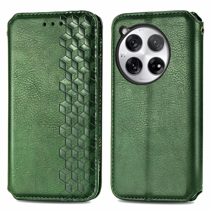 For OnePlus 12 5G PU Leather Case Rhombus Imprint Wallet Stand Phone Cover - Green - 1