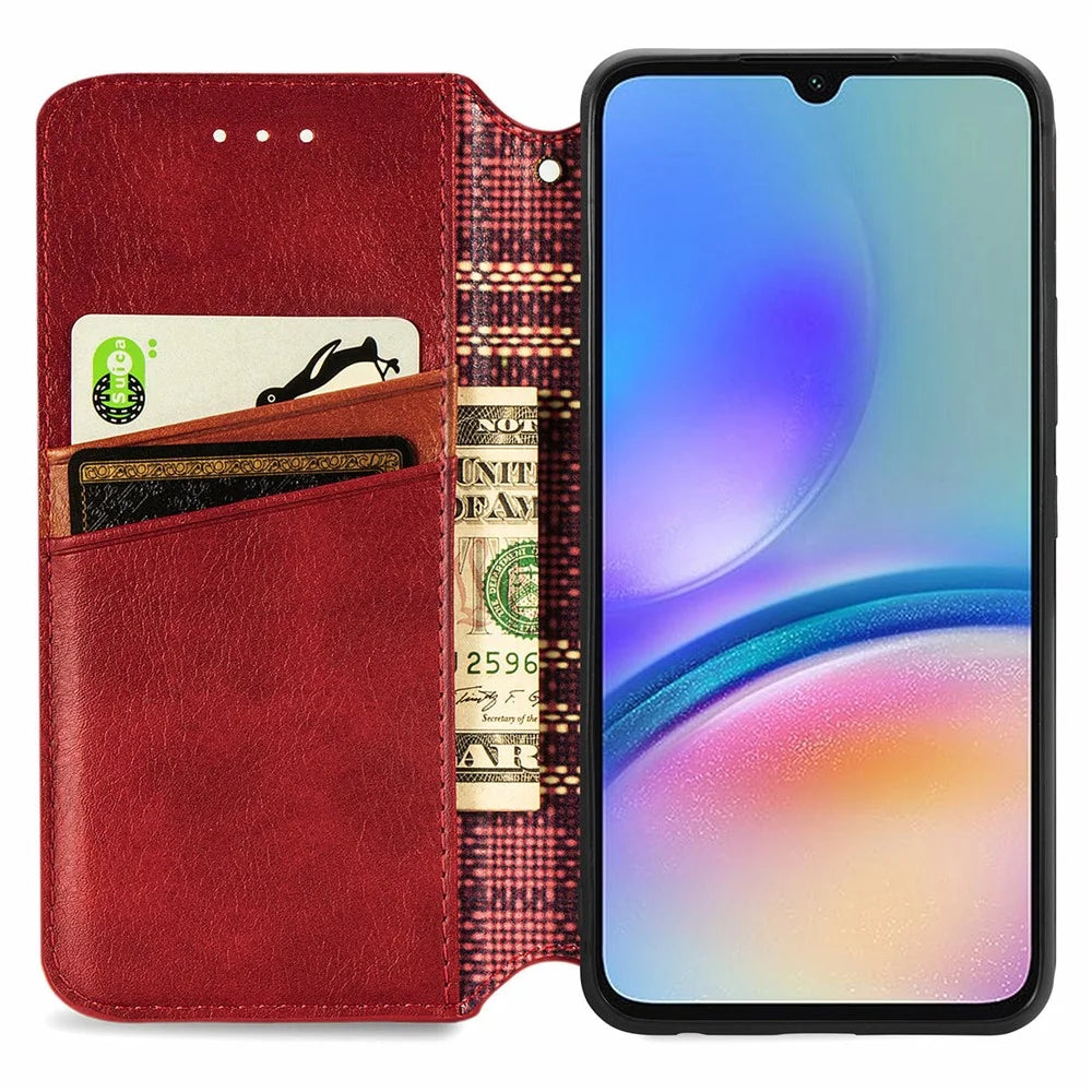 For Samsung Galaxy A05s 4G PU Leather Case Rhombus Imprint Wallet Stand Phone Cover - Red - 2