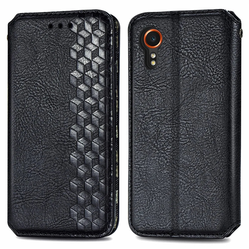 For Samsung Galaxy Xcover7 PU Leather Case Rhombus Imprint Wallet Stand Phone Cover - Black - 1