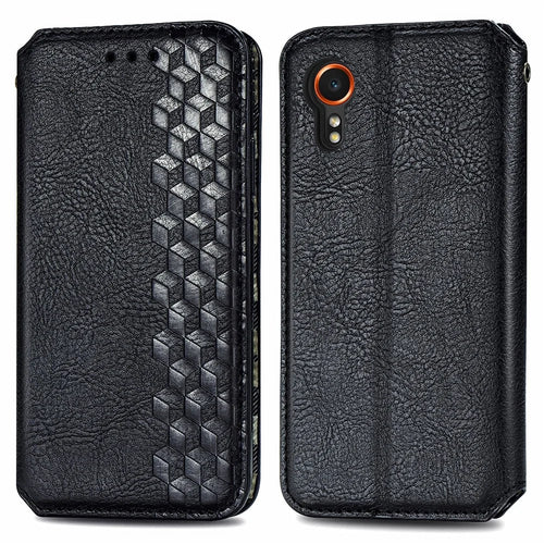 For Samsung Galaxy Xcover7 PU Leather Case Rhombus Imprint Wallet Stand Phone Cover - Black - 1