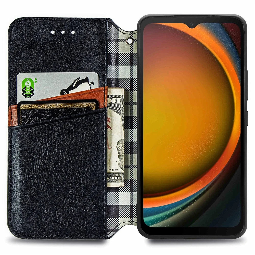 For Samsung Galaxy Xcover7 PU Leather Case Rhombus Imprint Wallet Stand Phone Cover - Black - 2