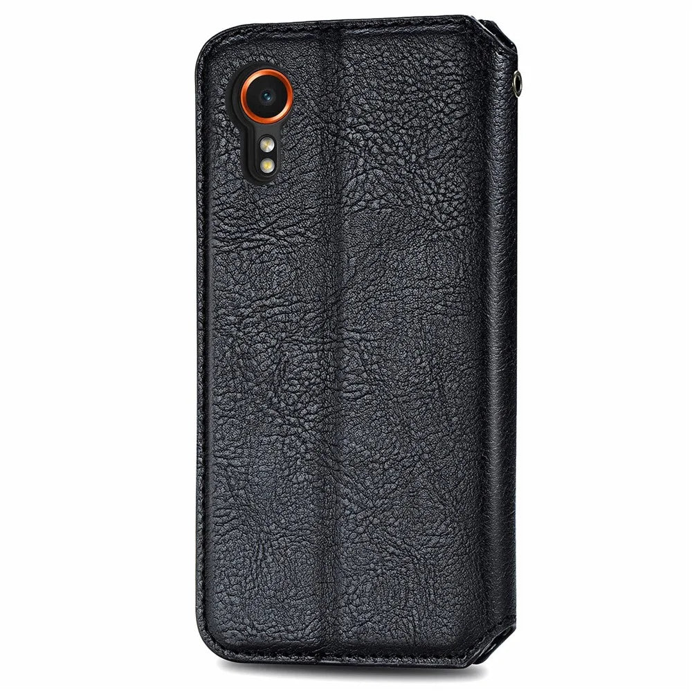 For Samsung Galaxy Xcover7 PU Leather Case Rhombus Imprint Wallet Stand Phone Cover - Black - 6
