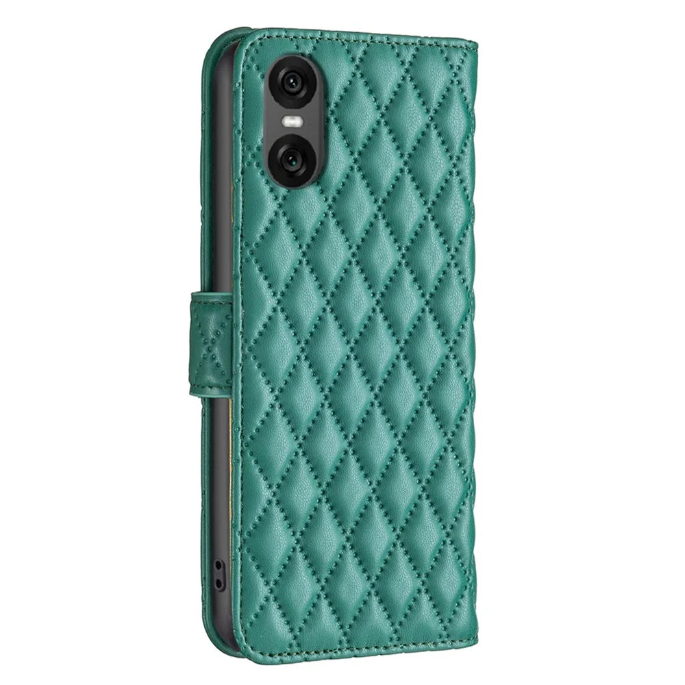 BINFEN COLOR BF Style-14 For Sony Xperia 10 VI Case Rhombus Grid Phone Cover with Magnetic Clasp - Green - 7