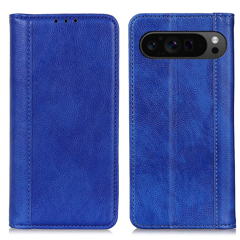 For Google Pixel 10 Pro XL / 9 Pro XL Case Anti-Scratch Litchi Texture Split Leather Wallet Stand Phone Cover - Blue - 1