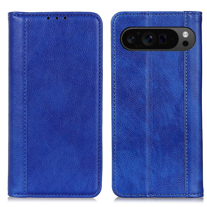 For Google Pixel 10 Pro XL / 9 Pro XL Case Anti-Scratch Litchi Texture Split Leather Wallet Stand Phone Cover - Blue - 1