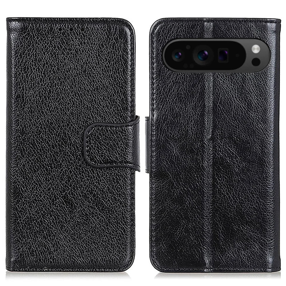 For Google Pixel 9 Pro XL Case Card Slot Stand Split Leather Nappa Texture Phone Cover - Black - 1