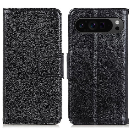 For Google Pixel 9 Pro XL Case Card Slot Stand Split Leather Nappa Texture Phone Cover - Black - 1