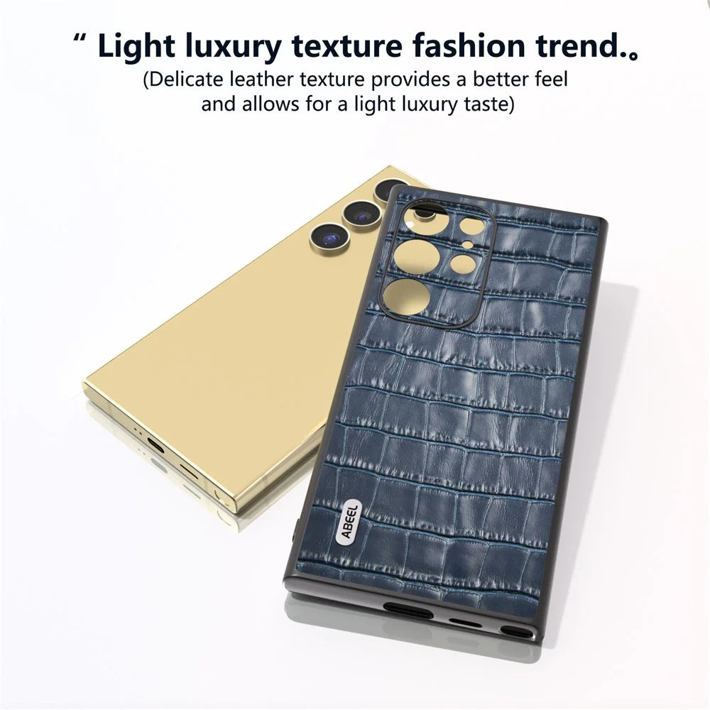 ABEEL For Samsung Galaxy S24 Ultra Case Genuine Cow Leather Crocodile Texture Cell Phone Cover - Blue - 3