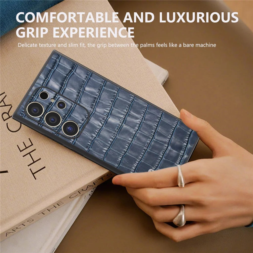 ABEEL For Samsung Galaxy S24 Ultra Case Genuine Cow Leather Crocodile Texture Cell Phone Cover - Blue - 5