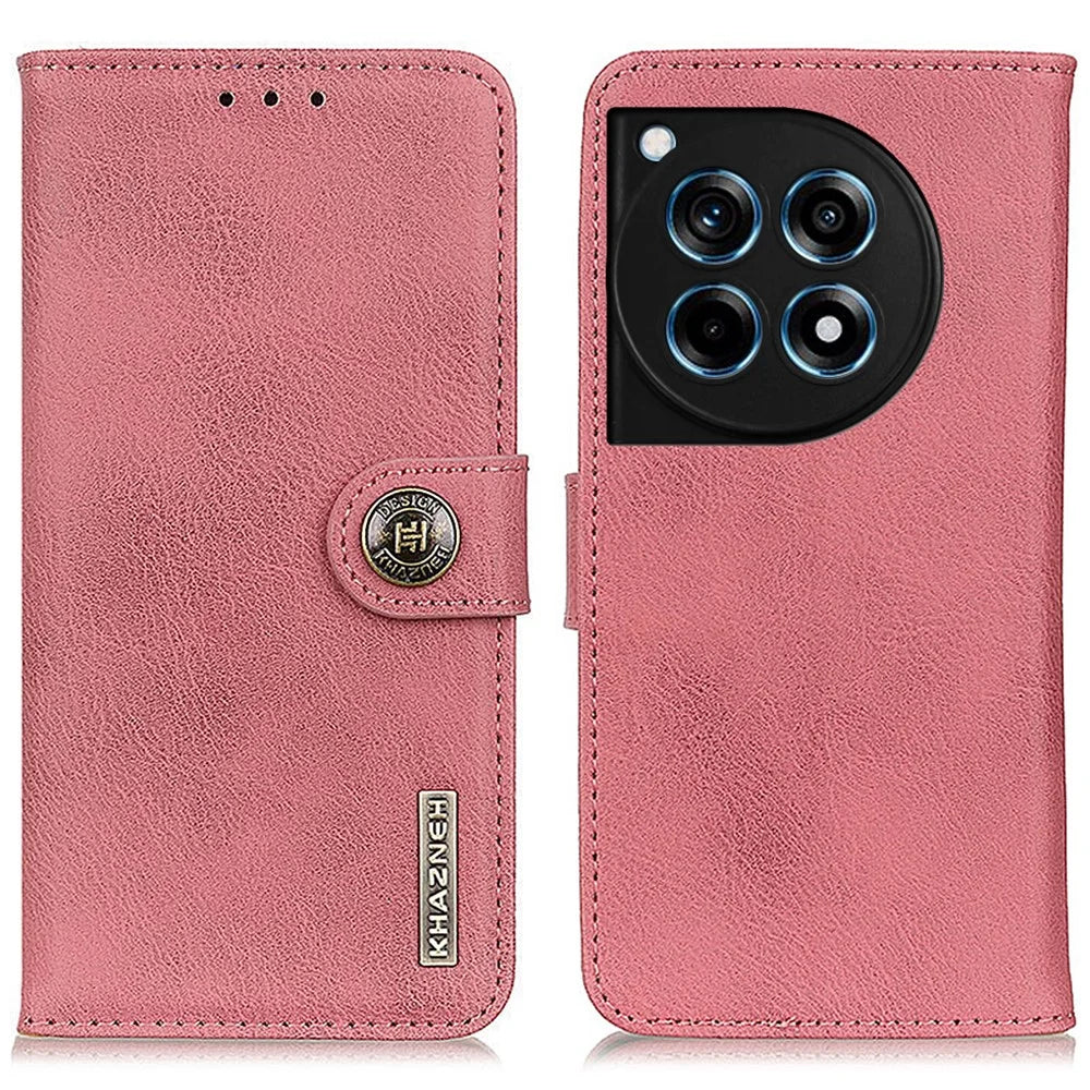 KHAZNEH For OnePlus 12R 5G / Ace 3 5G Cell Phone Case Cowhide Texture Leather Wallet Anti-scratch Cover - Pink - 1