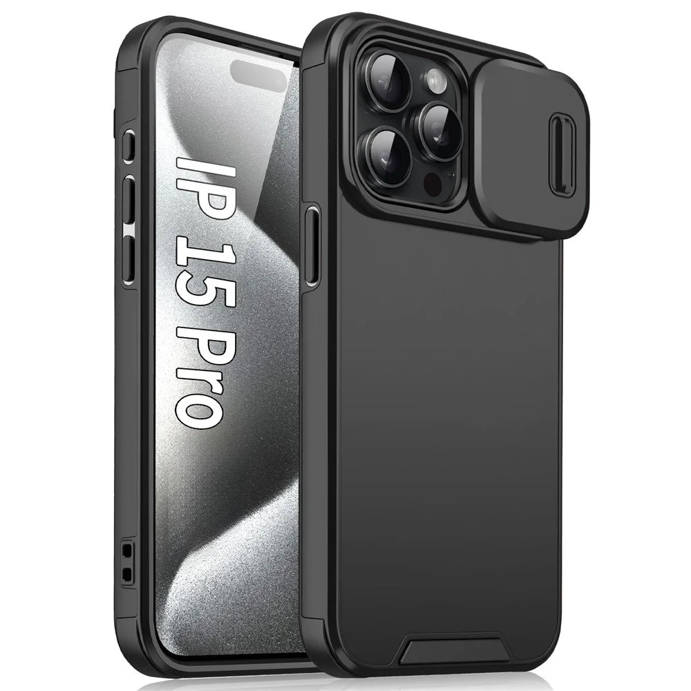 For iPhone 15 Pro Case Shockproof PC+TPU Cover with Slide Camera Guard - Black - 1