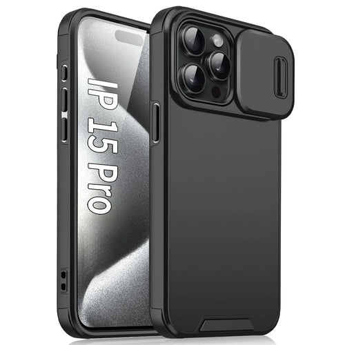For iPhone 15 Pro Case Shockproof PC+TPU Cover with Slide Camera Guard - Black - 1